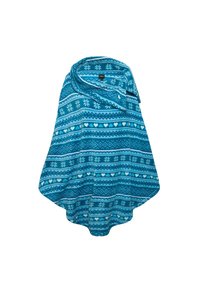 Poncho teal con un motivo di fiocchi di neve e cuori. Tessuto morbido, vestibilità ampia, colletto con chiusura a bottone, orlo arrotondato.