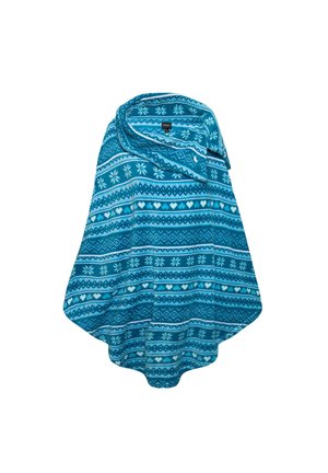 Poncho teal con un motivo di fiocchi di neve e cuori. Tessuto morbido, vestibilità ampia, colletto con chiusura a bottone, orlo arrotondato.
