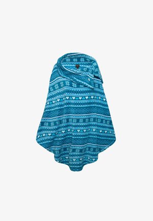 Teal poncho featuring a snowflake and heart pattern. Soft fabric, loose fit, collar with button closure, rounded hem.