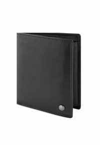 Zwarte leren portemonnee met een gestructureerde afwerking, voorzien van een zilveren hardware accent. Het heeft een bi-fold ontwerp en zichtbare stiksels langs de randen.
