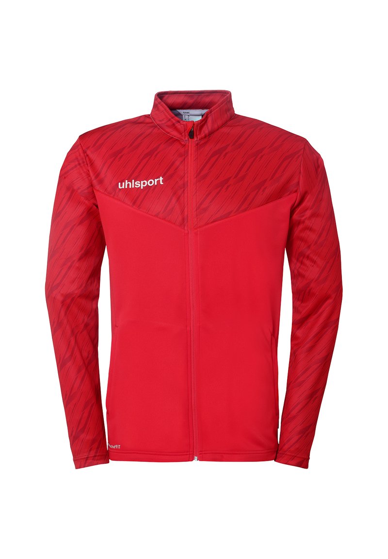 Rote Sportjacke mit strukturiertem Oberpanel, vollem Reißverschluss und weißem Logo. Mit langen Ärmeln und Stehkragen designt.