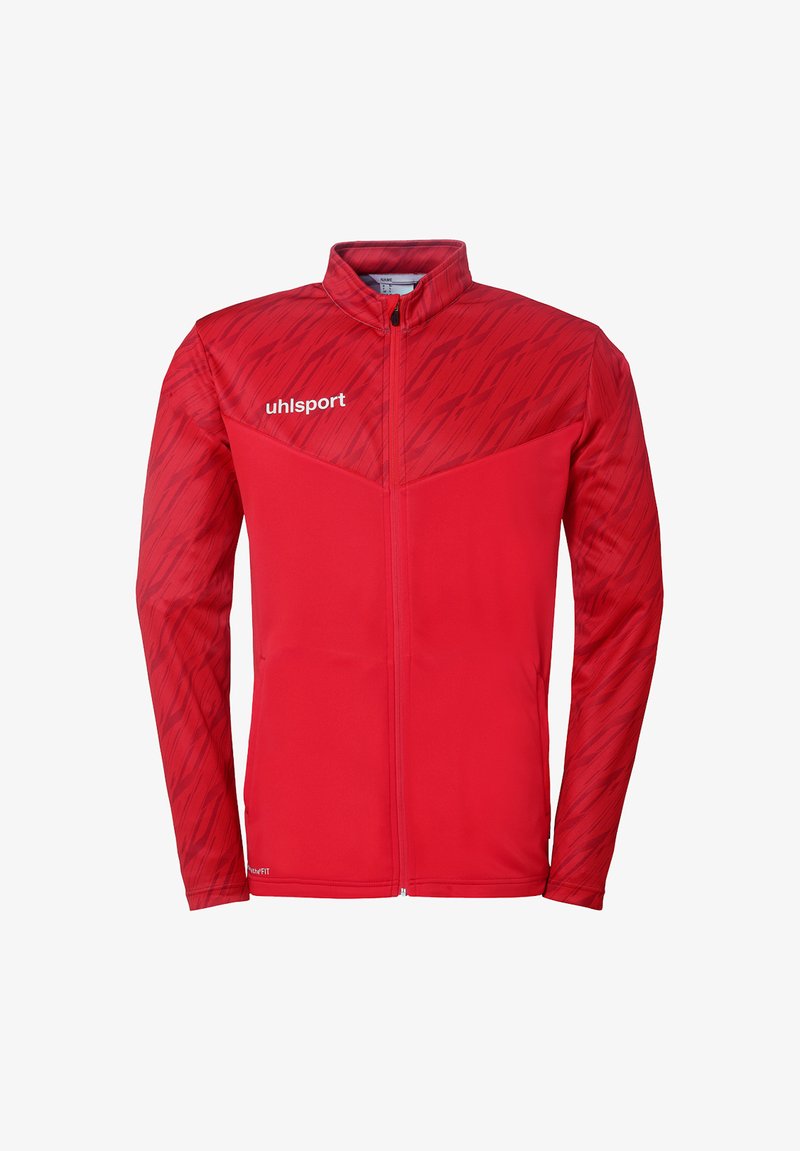 Rote Sportjacke mit strukturiertem Oberpanel, vollem Reißverschluss und weißem Logo. Mit langen Ärmeln und Stehkragen designt.