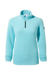Light blue fleece pullover with a half-zip collar, long sleeves, and gathered cuffs. Features a subtle texture and a logo on the sleeve.