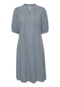 Lehké šaty v modré, bílé a černé geometrické vzory. Jsou zdobené krátkými volánovými rukávy a kulatým výstřihem s nařasenými detaily.