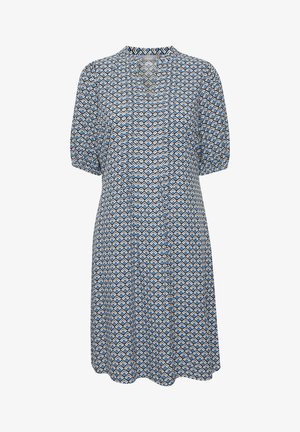 Lichtgewicht jurk in blauw, wit en zwart geometrisch patroon. Bevat korte pofmouwen en een ronde halslijn met geplooide details.