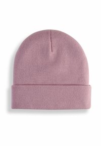 Gorro de punto rosa con puño doblado, textura suave, parte superior redondeada y diseño sin costuras. Adecuado para un uso informal en climas fríos.