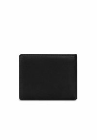 Černá kožená peněženka, obdélníkový tvar, hladký povrch, švy podél okrajů, minimalistický design, žádné viditelné kovové součásti nebo akcenty.
