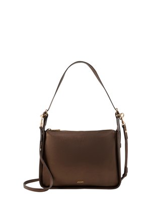 Brown leather shoulder bag with gold zipper and adjustable straps, featuring small gold "JOOP!" logo at bottom center.