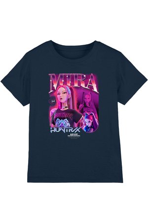 Navy blue t-shirt with digital girl character in purple tones, "MIRA" text above and "HUNTRIX K-POP DEMON HUNTERS" below.
