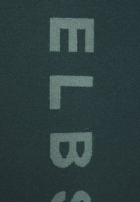 Textil mit einem dunkeltürkisen Hintergrund und großen, hellgrauen Buchstaben in einer fetten, serifenlosen Schriftart. Die Oberfläche wirkt weich und plüschig.