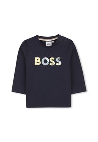 Marineblå langermet babygenser med "BOSS" i store, flerfargede bokstaver foran og trykknapper på venstre skulder.