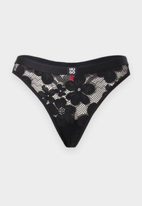 Μαύρο δαντελένιο στρινγκ με floral μοτίβο, μαύρη ελαστική μέση και μικρή ετικέτα με το λογότυπο "HUGO" στο κέντρο εμπρός.