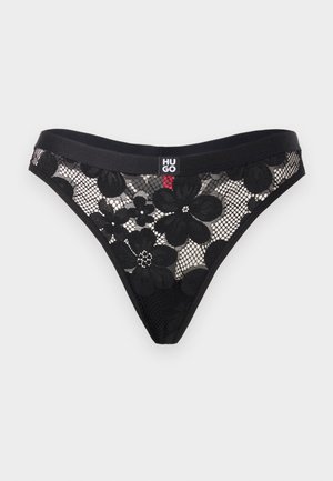 Schwarzer Spitzen-String mit floralem Muster, durchgehend schwarzem Taillenbund und kleinem "HUGO"-Logo-Tag vorne in der Mitte.