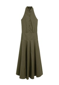 Robe sans manches vert olive, avec un boutonnage à l'avant, taille ajustée et jupe évasée. Fabriquée dans un tissu à la texture lisse, de conception longueur genoux.