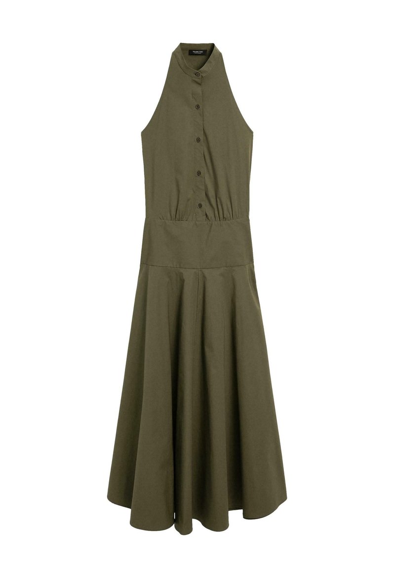 Robe sans manches vert olive, avec un boutonnage à l'avant, taille ajustée et jupe évasée. Fabriquée dans un tissu à la texture lisse, de conception longueur genoux.