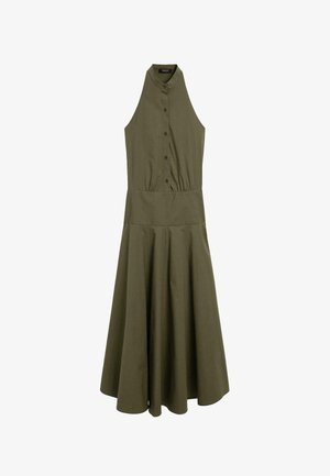 Olivenfarbnes ärmelloses Kleid mit hohem Kragen, Vorderknöpfen und schwingendem Rock. Hergestellt aus einem Stoff mit glatter Textur.