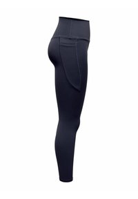 Magas derekú fekete leggings, rugalmas anyagból készült, oldalsó zsebbel és sima varratokkal. Testhezálló szabás, bokáig érő fazon.