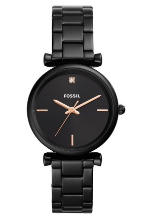 Montre-bracelet noire Fossil avec aiguilles des heures, des minutes et des secondes en or rose, des index minimalistes et un seul diamant à la position 12 heures.