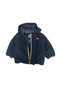 Giacca navy blue impermeabile con cappuccio per neonati. Presenta una chiusura frontale con zip e un accento colorato, oltre a un morbido rivestimento interno in fleece.