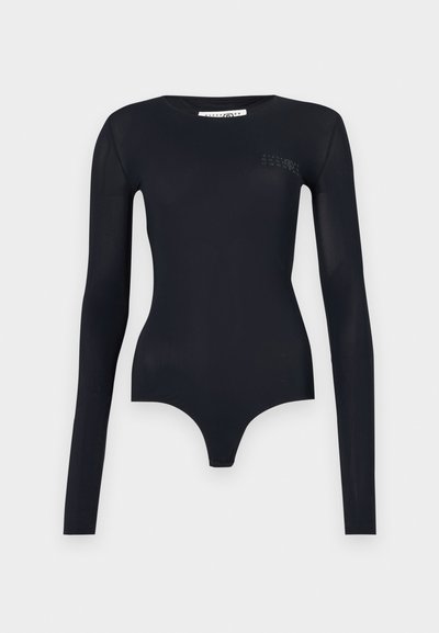 Black long-sleeve bodysuit made of stretchy fabric. Features a round neckline and a fitted silhouette with a thong bottom. Minimal branding detail.
