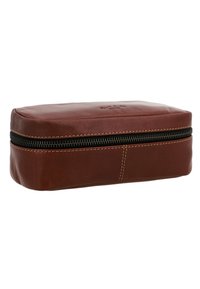 Brown leather rectangular pouch with a zipper, featuring visible stitching and a subtle logo on the top side for added detail.