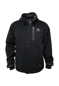 Zwarte winterjas met capuchon, voorzien van een borstzak met rits, Forsberg-logo met een ijsbeer en reflecterende stroken op de manchetten.