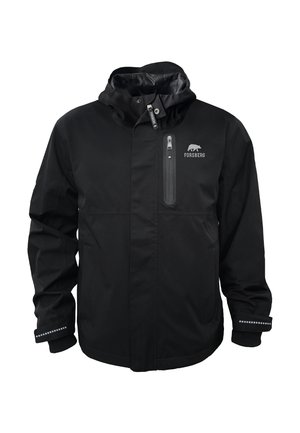 Giacca invernale nera con cappuccio, tasca con zip sul petto, logo Forsberg con un orso polare e dettagli riflettenti sui polsini.