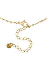 Collana in oro con maglie interconnesse, dotata di chiusura a moschettone e di un piccolo ciondolo incisi con "hdm". Texture liscia e finitura lucida.