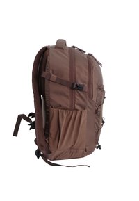 Brown backpack made from durable nylon, featuring multiple zippered pockets, adjustable straps, mesh accents, and an exterior side pocket.