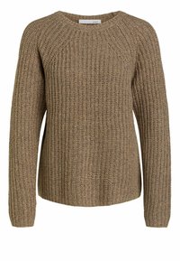 Maglione a coste marrone con maniche lunghe, scollo rotondo e vestibilità rilassata. La texture appare morbida e spessa con un design accogliente.