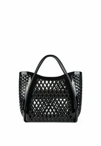 Black plastic tote bag with a diamond lattice pattern and smooth curved handles. Open design allows visibility of interior contents.