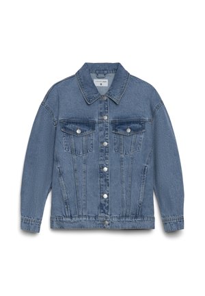 Giacca di jeans in azzurro chiaro con colletto classico, chiusure con bottoni argentati, due tasche sul petto e texture leggermente sbiadita.