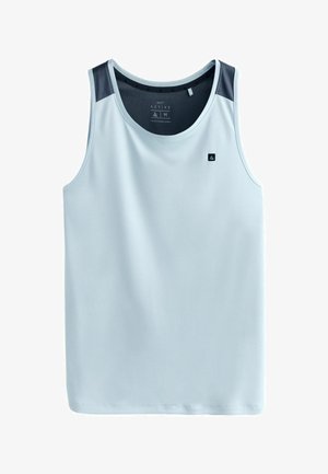 Lyseblå ærmeløs atletisk tanktop med mørkegrå meshpaneler på skuldrene og en lille sort logo på brystet.