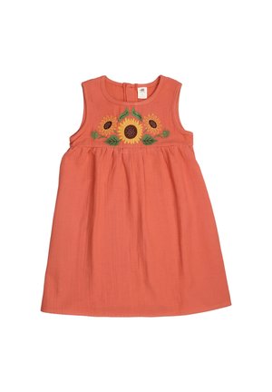 Korallenfarbenes ärmelloses Kleid mit runder Ausschnitt, das auf der Vorderseite eine Sonnenblumenstickerei in Gelb, Braun und Grün aufweist. Weicher Stoff.