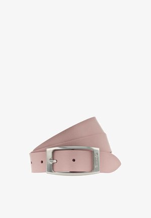 Pinky læderbælte med en glat tekstur, sølvfarget rektangulær spænde og flere huller til justerbar størrelse.