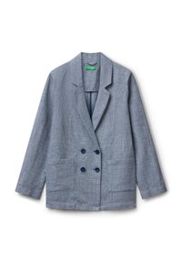 Svetle modrý blazer z lněné směsi s klopovým límcem, dvojitým zapínáním, dvěma našitými kapsami a tmavě modrými knoflíky. Hladká textura.