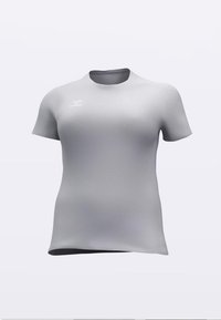 Svetlosivé krátke tričko s okrúhlym výstrihom a krátkymi rukávmi vyrobené z textúrovaného materiálu; má malý biely znak. Hladký, bezšvový dizajn po celom tričku.