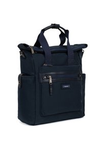 Borsa a tracolla blu navy con doppi manici, tasche con zip e finitura testurizzata. Presenta una tracolla removibile e dettagli in metallo.