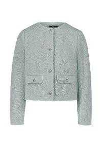 Fuzzy, licht mintgroen cropped jack met een ronde halslijn, sluiting met knopen aan de voorkant en twee opgestikte zakken, met decoratieve knopen.