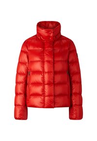 Doudoune rouge avec un col haut, un motif matelassé et des poches latérales zippées. Fabriquée en matériau léger et brillant.