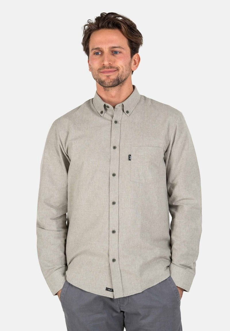 Hellgraues Hemd mit Knopfleiste und einer Tasche, aus strukturiertem Stoff. Verfügt über einen klassischen Kragen und dunkle Knöpfe, im lässigen Schnitt gestaltet.