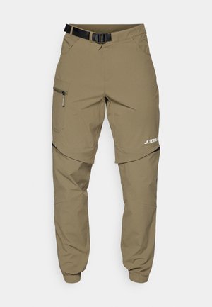 Khaki ulkoiluhousut, joissa on säädettävä musta vyö, vetoketjulliset taskut, kapeat¯lahkeet ja irrotettavat alaosat monipuoliseen tyyliin.