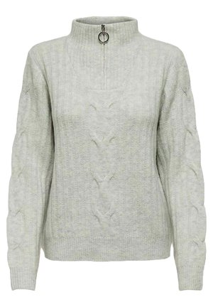 Grå stickad tröja med hög krage, dragkedja fram och flätstickad design. Har ribbad textur och långa ärmar.
