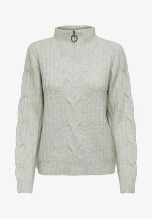 Grauer Strickpullover mit hohem Kragen, Frontreißverschluss und Zopfmuster. Merkmale sind die gerippte Textur und lange Ärmel.