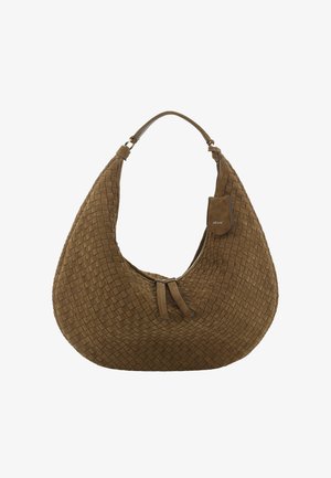 Woven brown suede shoulder bag with a curved shape, braided texture, and a short, adjustable strap. Features subtle logo accent.