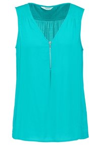 Bezrękawnik w kolorze turkusowym z dekoltem w serek i zamkiem z przodu. Wykonany z lekkiego materiału z teksturowanym wzorem na ramionach.