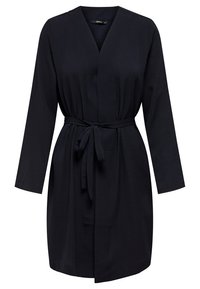 Mørkeblå kimono-stil kimono med lange ærmer, indviklet front og matchende bælte. Lavet af struktureret stof med en glat finish.