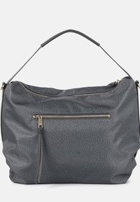 Borsa a spalla grigia realizzata in materiale testurizzato, con una tasca frontale con zip, hardware dorato e una maniglia robusta.