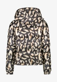 Pufferjack met capuchon, met een zwarte basis en een beige luipaardprint, geborduurd ontwerp en geribbelde manchetten.