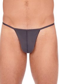 Dunkelgraue Thong-Unterwäsche mit glatter Textur, minimaler Abdeckung und dünnen Seitenträgern. Besitzt eine konturierte vordere Tasche und flache Nähte.